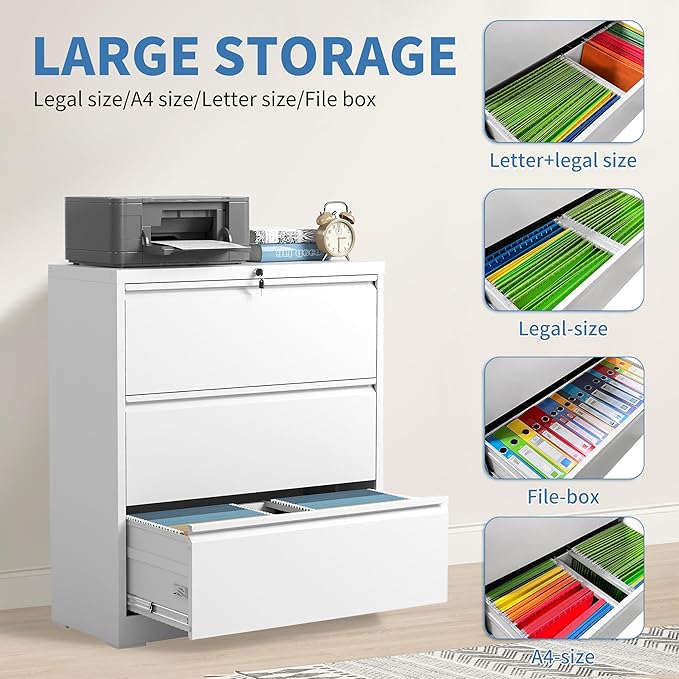 FLIXELIO File Cabinets 3 Drawer,Metal Office Storage Filing Cabinet with Lock,White Lateral Filing Cabinet for Home Office,Horizontal Locking File Cabinets for Legal/Letter/A4 Files,Assembly Require