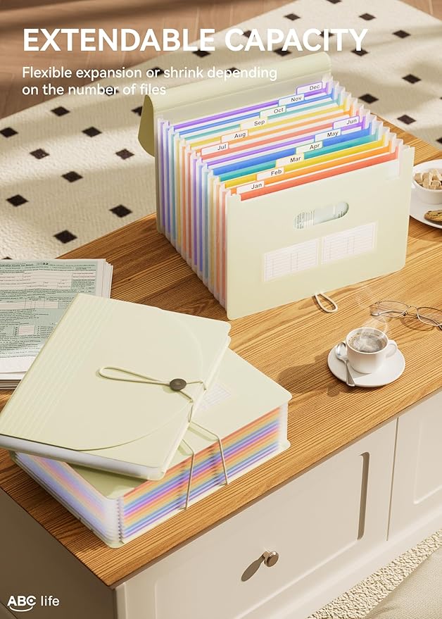 ABC life 12-Pocket Accordion File Organizer, Expandable File Folder with Colorful A-Z Tabs, Portable Bill & Receipt Organizer, Desktop Letter/A4 Paper Document Storage for Home & Office- Beige Color