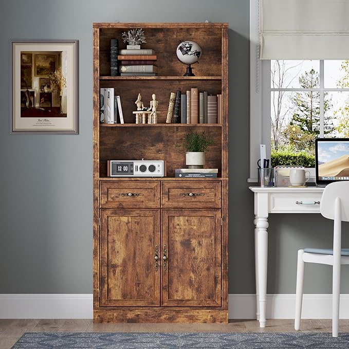 BORNOON 71.4" Tall Bookshelf with Drawers & Cabinet, 5-Tier Floor Standing Bookcase with Storage Doors, Adjustable Shelves & Metal Handles, 31.5" Wide Organizer for Home Office, Living Room