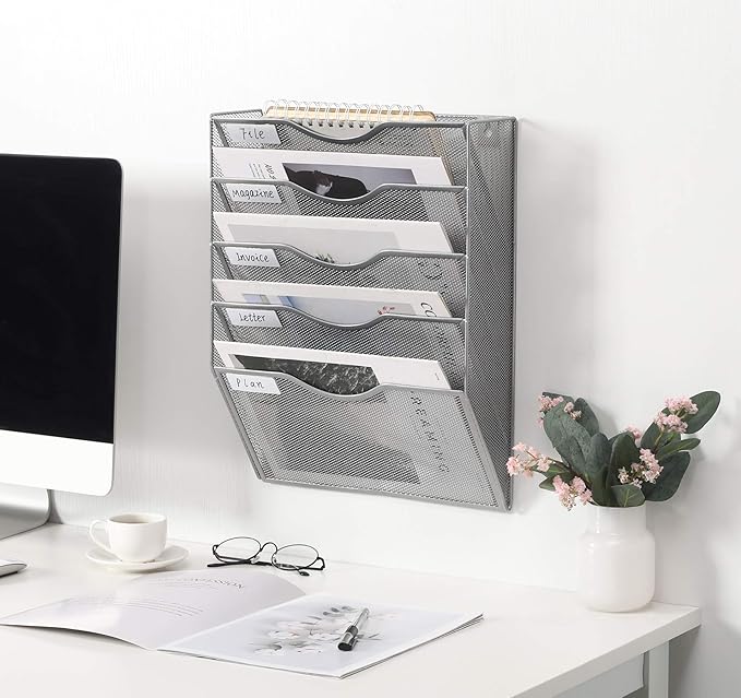 EasyPAG Hanging Wall File Organizer, 5 Pocket Wall Mounted Mail Organizer, Vertical Document Folder Holder with Nametag Label, Space Saving Paper Storage Magazine Rack for Office Home School, Silver