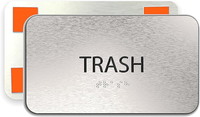 ADASigns Trash Sign 7”x4” - Durable Brushed Aluminum with Grade 2 Braille - Easy Installation with Strong Adhesive Tape - ADA Compliant Signs for businesses, Restaurants & Retail Stores
