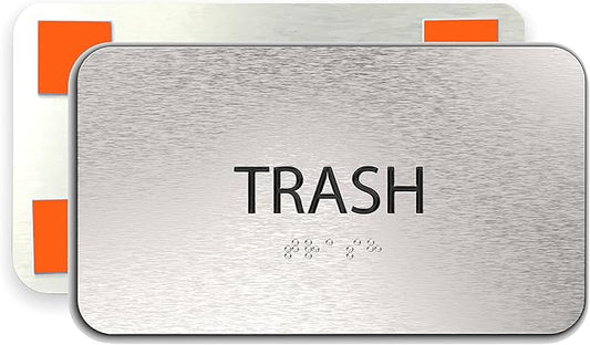 ADASigns Trash Sign 7”x4” - Durable Brushed Aluminum with Grade 2 Braille - Easy Installation with Strong Adhesive Tape - ADA Compliant Signs for businesses, Restaurants & Retail Stores