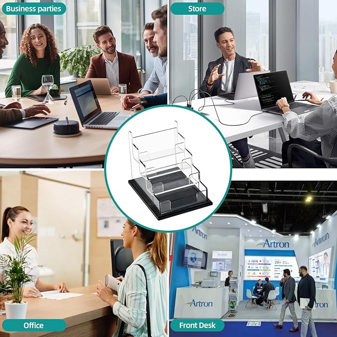 PecMuikee Business Card Holder for Desk，Acrylic Business Card Display Stand,Multiple Business Card Holders for Office, Exhibition, Home, Restaurant 4 Slot 1pcs Tier