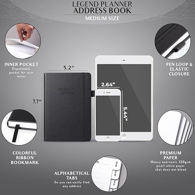 Legend Planner Address Book with Alphabetical Tabs –Telephone Contacts Book for Phone Numbers, Addresses, Passwords, Medium (Black)
