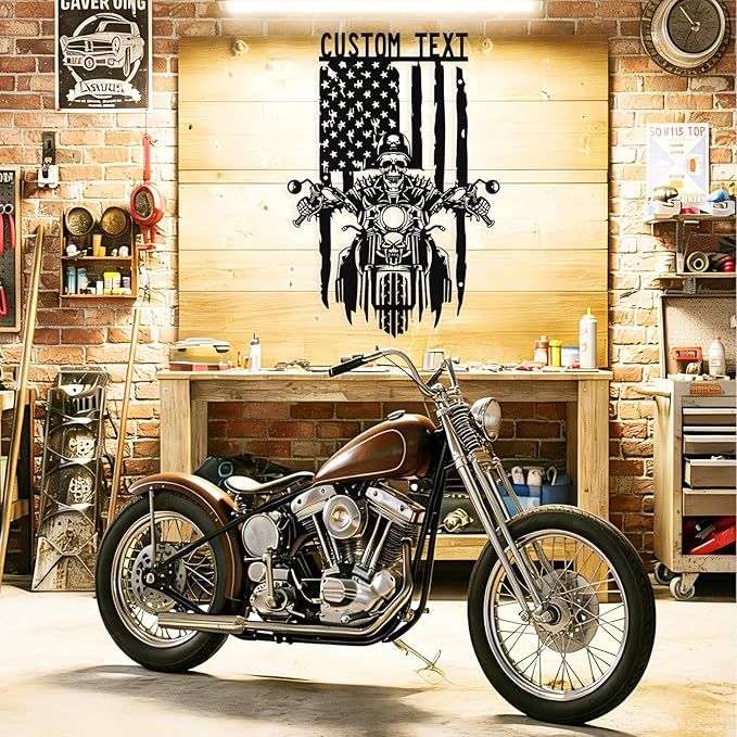 Custom US Flag Motorcycle Metal Sign Personalized Biker Name Signs Custom Garage Decor Motorbikes Wall Art Decor Motorcycle Sign Men Room Decorate Gifts for Men Husband Rider