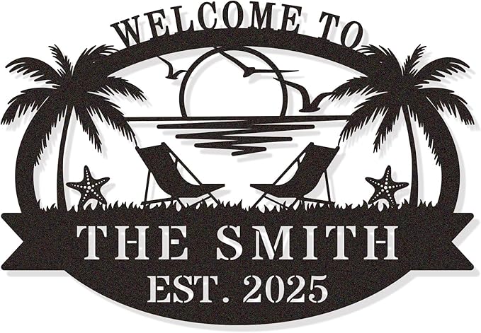 Personalized Metal Beach Sign | Custom Coastal Wall Decor for Outdoor Patio & Pool | Welcome Sign Beach House Ocean Room Decor
