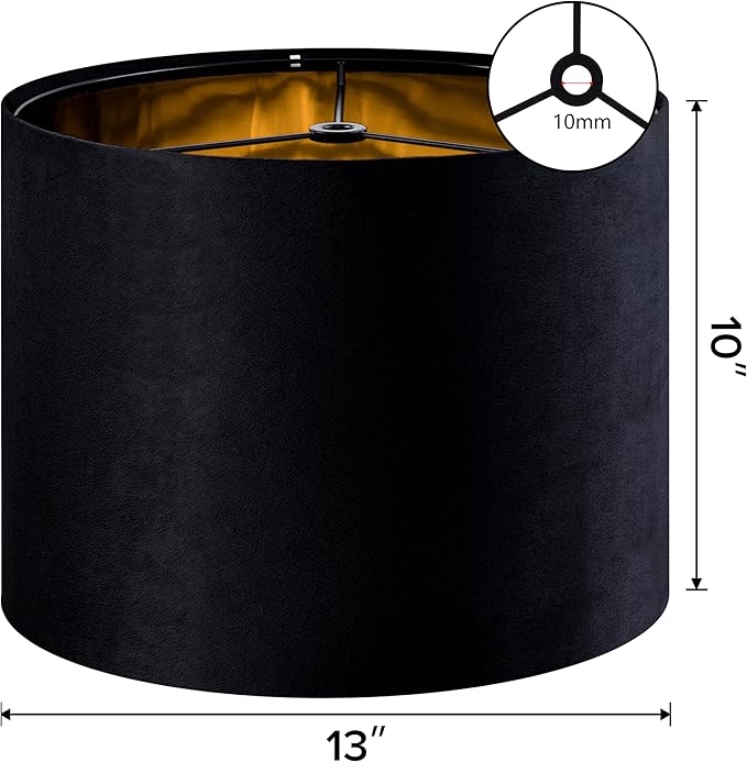 GO&SO Black Velvet Lamp Shades - 13" Top x 13" Bottom x 10" High(Spider) Medium Drum Lampshades - Traditional Fabric Lamp Shade for Table Lamps - Replacement Lampshade - Assembly Required