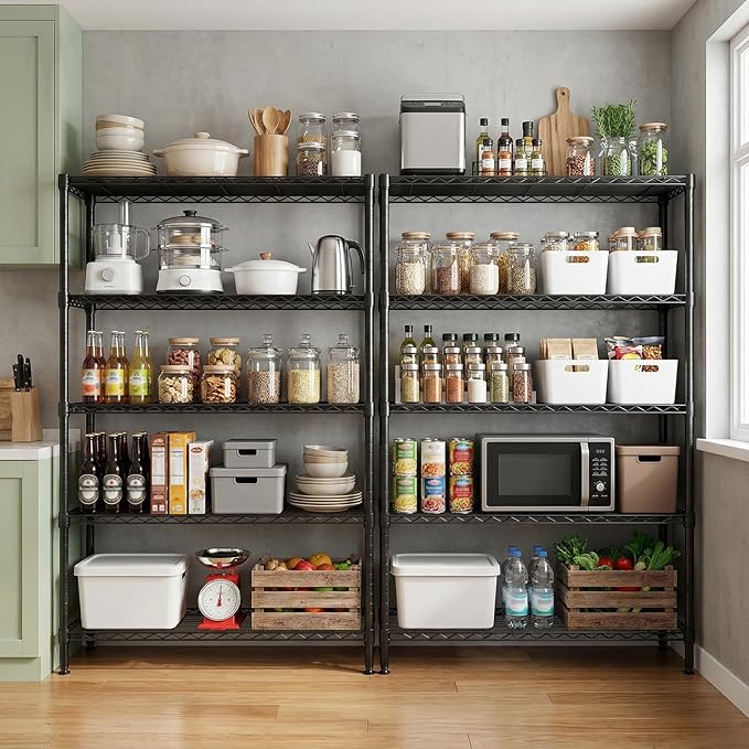 M MZG 5 Tiers Shelf Metal Storage Shelves Standing 1750 LBs Household Shelf Organizer for Kitchen Pantry Closet Garage Basement Utility Room, Black15.7 D x 45.3" W x 70.4" H