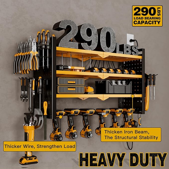 NattyDot Power Tool Organizer Wall Mount with Charging Station 4 Layer 6 Slot Cordless Drill Holder with Angle Grinder Holder (Yellow)