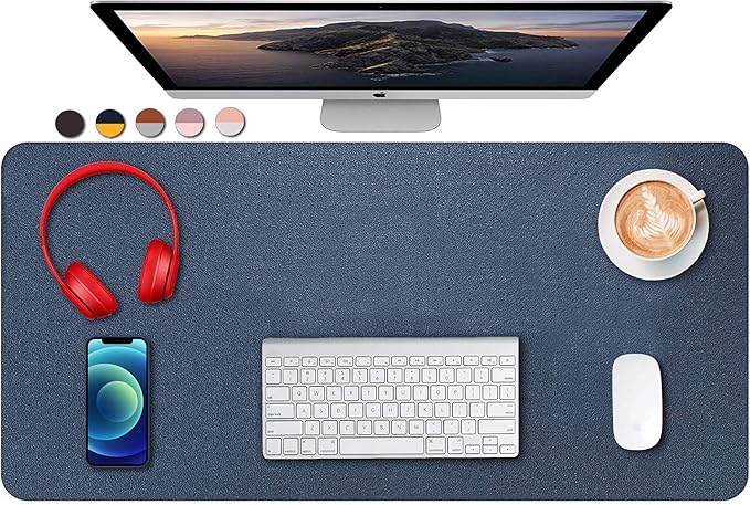 SUJAYU Dual Sided PU Leather Desk Pad, Mouse Pad, Office Desk Mat, Non-Slip Laptop Desk Pad, Waterproof Desk Writing Pad for Office and Home (31.5" x 15.7", Dark Blue + Yellow)
