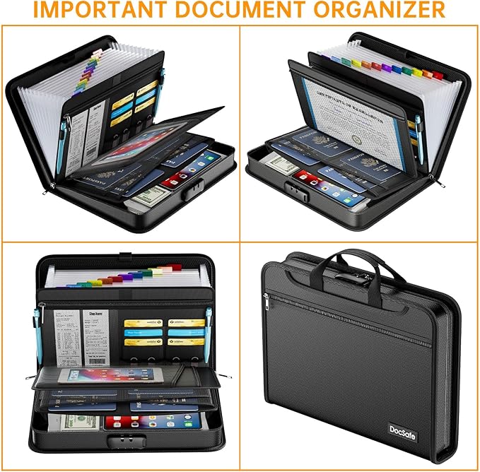 DocSafe Accordion File Organizer with Combination Lock,Fireproof Water Resistant Expanding File Folder with Multi Pockets,Document Organizer Home Office Travel Safe Storage for Letter Size Files,Black