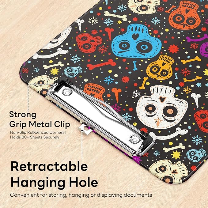 Luminzo Plastic Cute Clipboard Low-Profile Metal Clip, A4 Letter Size 9 x 12.5 in, 8.5 x 11 Paper Clip Board for Teachers, Nurses, Classroom,Cute Skulls