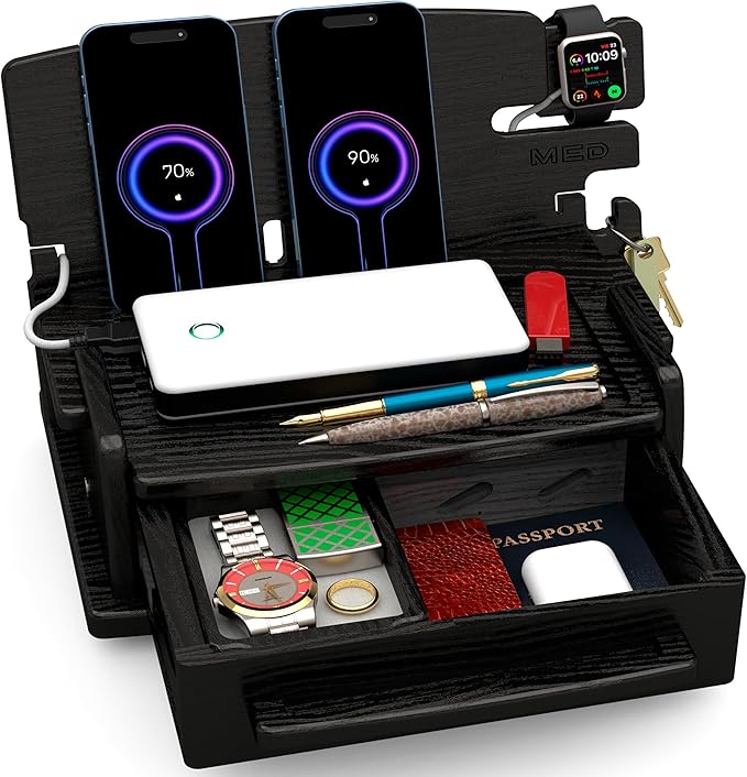 MED Wood Phone Docking Station – Nightstand Desk Organizer for Phone, Watch, Wallet & Tablet – Gift for Men, Husband, Dad & Women – Wooden Charging Stand with Key Holder (Black, Model 3)