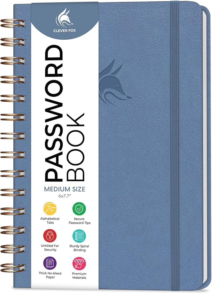 Clever Fox Password Book Spiral – Internet Address & Password Organizer with Laminated Alphabetical Tabs – Password Keeper Journal – Hardcover, Medium Size, 6.1x7.7” (Smoke Blue)