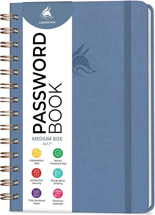 Clever Fox Password Book Spiral – Internet Address & Password Organizer with Laminated Alphabetical Tabs – Password Keeper Journal – Hardcover, Medium Size, 6.1x7.7” (Smoke Blue)