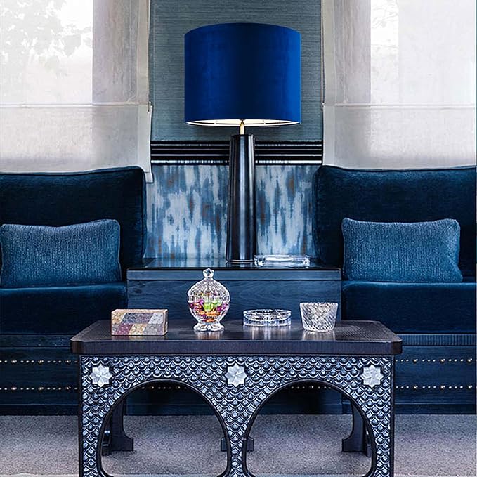 GO&SO Large Drum Lamp Shades Set of 2 Blue Velvet Lampshade 16"Top×16"Bottom×12"High(Spider) Modern Lamp Shades for Table Lamp & Bedside Lamps Replacement in Hand Crafted-Art Decor