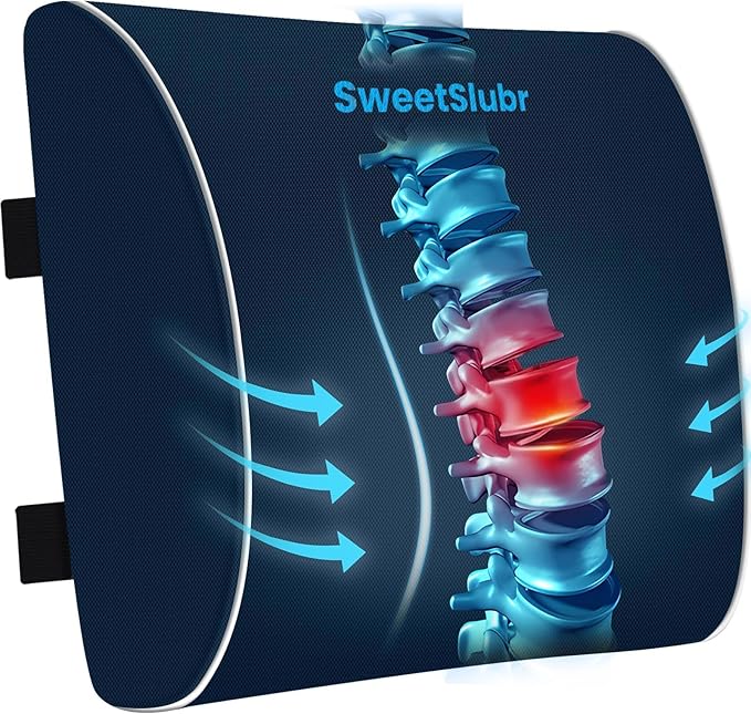 SweetSlubr Lumbar Support Pillow for Office Chair, Car Seats and Home Desks, Ergonomic Back Support with Double Adjustable Straps, Machine Washable Cover, Gray