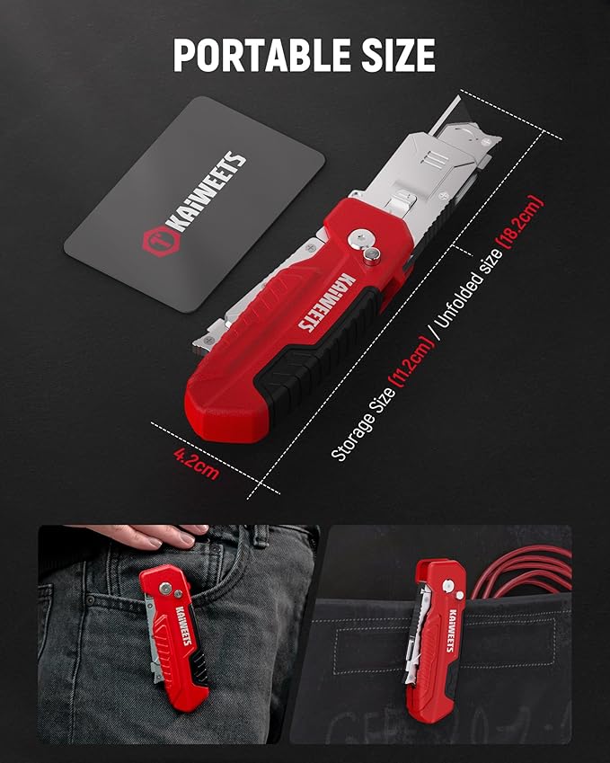 KAIWEETS Utility Knife Scraper, 2-in-1 Folding Box Cutter with Blade Storage, Heavy Duty Zinc Alloy Body, Retractable Design, 12pcs SK2 Black Blades replacement, EDC Tool for Home, Office, DIY– Red