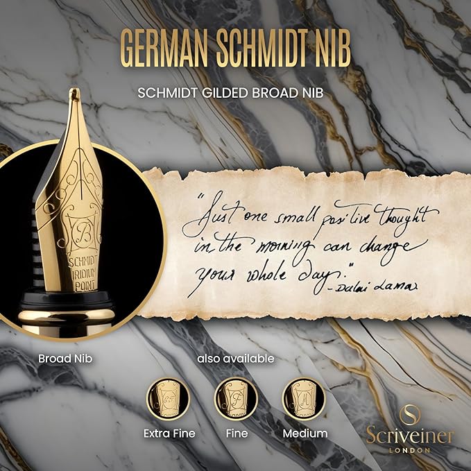 Scriveiner Silver Chrome Fountain Pen - Stunning Luxury Pen, Real Gold Finish, Schmidt Gilded Nib (Broad), Best Gift Set for Men & Women, Professional, Executive Office, Nice Designer Pens
