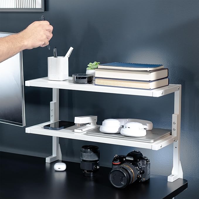 VIVO Clamp-on 24 inch Above or Below Desk 2-Tier Shelving Unit for Table Accessories, Gaming Devices, and More, Storage Tray, Desktop Organizer, White, STAND-SHELF24C-W