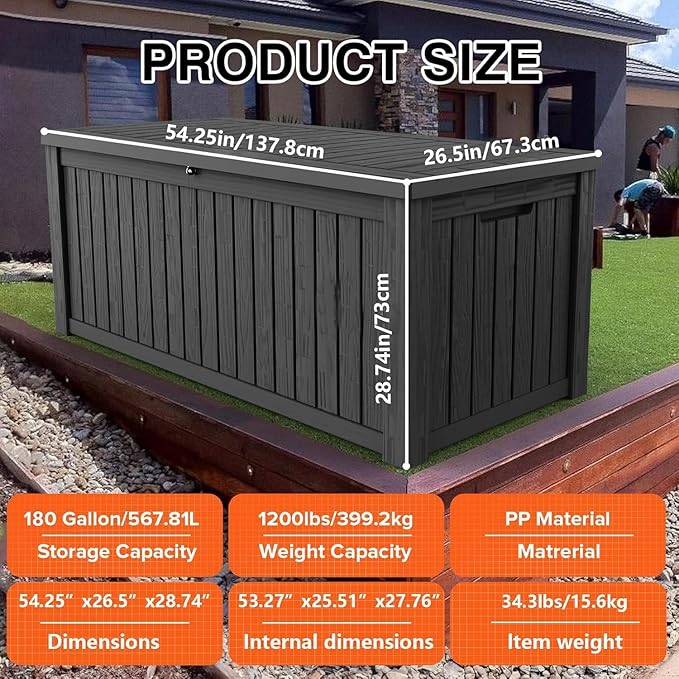 Decksplore Outdoor Storage Box Waterproof Large, 180 Gallon Lockable Resin Deck Box, Patio Storage Bin for Pool Accessories Cushion Furniture, Garden Tools, UV-Resistant Outside Delivery, Black