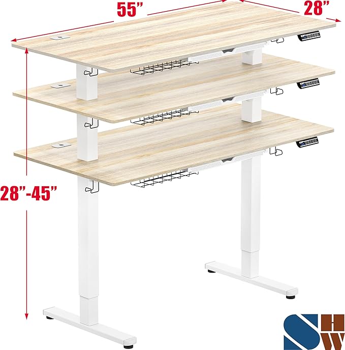 SHW 55 x 28 Inches Electric Height Adjustable Standing Desk with Drawer and Memory Preset, Maple
