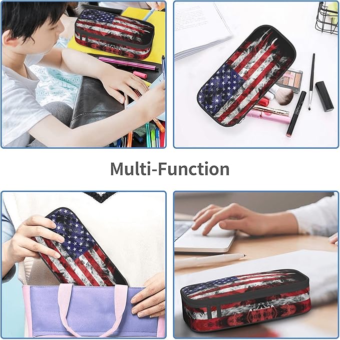 YIJIUWKIS Kids Pencil Case for Boys Girls, Usa Flag Style Pencil Pouch Big Capacity Black Portable Pencil Box Stationery Storage Desk Pen Bag for School Office