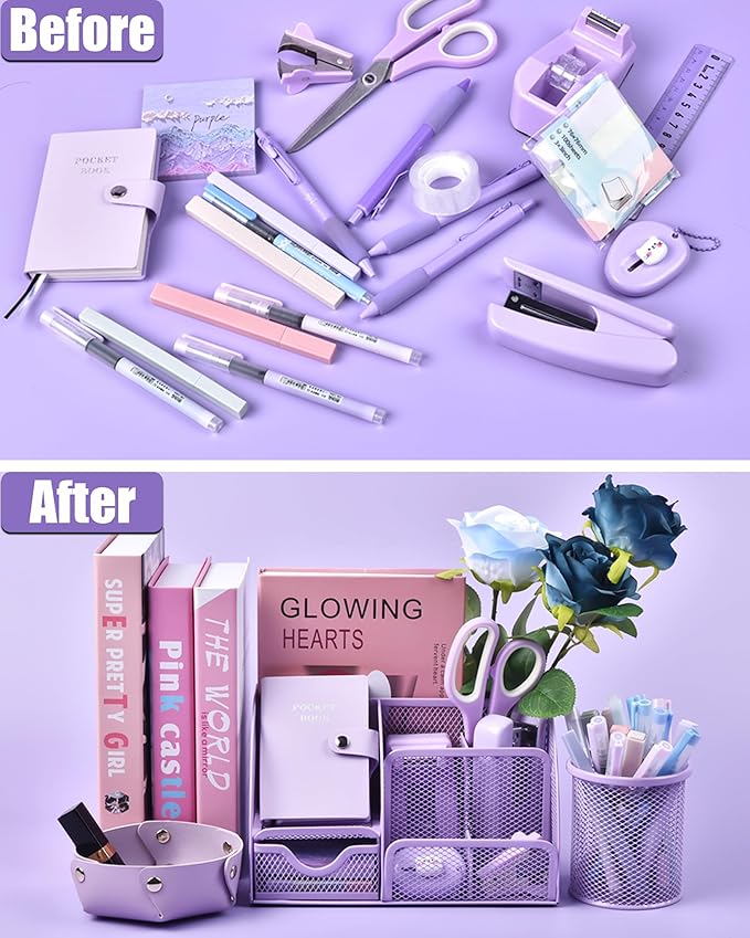 LXEVIHK 21Pcs Purple Desk Organizers and Accessories With Mesh Desk Organizer and 360°Rotating Pen Holder and a Lot of Office Purple Office Supplies Beautifully Presented in a Gift Box