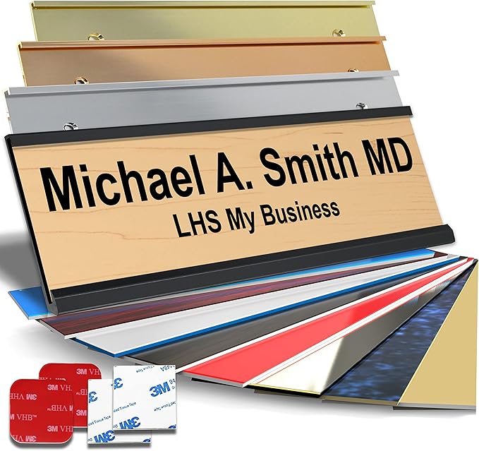 Custom Name Plate with Choice of Mounting for Walls, Doors, Cubicles, Hanging and More - Personalized Cashew Plastic Black Letters - USA Made 2x10 - N6