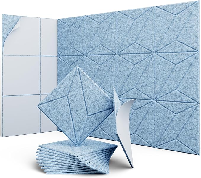 UNECHO 12 Pack 12" X 12" X 0.4" Acoustic Panels for Wall Sound Absorbing, P-Stripes Square Self-Adhesive Sound Panels, High Density Suitable for Multiple Scenarios(Light Sky Blue)