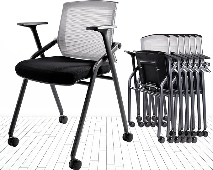 BLANEDUO Conference Room Chairs, Folding Office Desk Chair with Lumbar Support and Sliding Armrest with Casters, Stackable Office Guest Chairs & Reception Chairs (2 Pack)