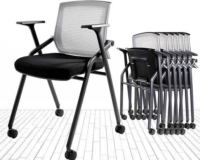 BLANEDUO Conference Room Chairs, Folding Office Desk Chair with Lumbar Support and Sliding Armrest, Stackable Office Guest Chairs & Reception Chairs 20 Pack with Wheels