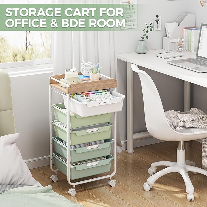 Rolling Storage Utility Cart With 5 Drawers,Craft Cart with Wheels,Makeup Organizer,Art Supply And Storage Wooden Tabletop,Green