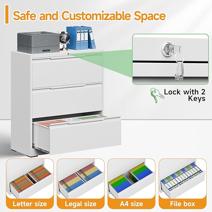 LONGLINK 3 Drawer Lateral File Cabinets with Lock,Metal Filing Cabinet for Home Office,Wide Office Storage Cabinet with Hanging Bars for A4 Legal/Letter Size(White-Easy Assembly)