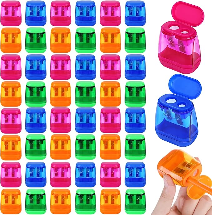 Aodaer 48 Pieces Manual Pencil Sharpeners Dual Hole Compact Sharpener with Lid for Pencil Sharpener in Office, Home Mixed 4 Colors