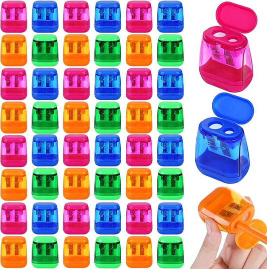 Aodaer 48 Pieces Manual Pencil Sharpeners Dual Hole Compact Sharpener with Lid for Pencil Sharpener in Office, Home Mixed 4 Colors