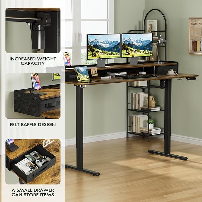 Homall Electric Standing Desk with 2 Drawers, Adjustable Height Computer Desk with Monitor Shelf Sit Stand Table with Splice Board Quick Install for Home Office (Rustic Brown, 63 Inch)
