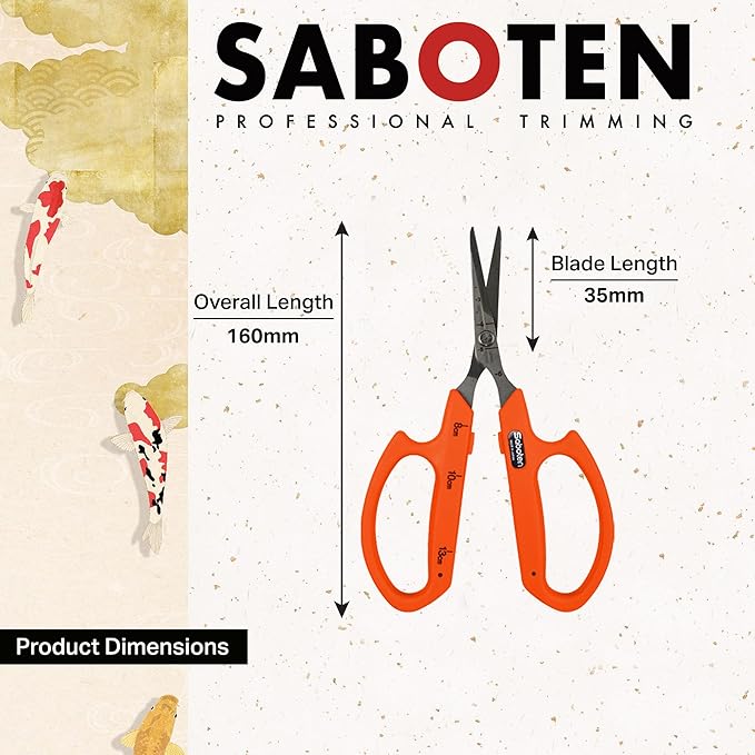 Saboten Stainless Steel Straight Blade Trimming Scissors Orange PT-12 160mm Precision Gardening Bonsai and Floral Shears Made in Japan