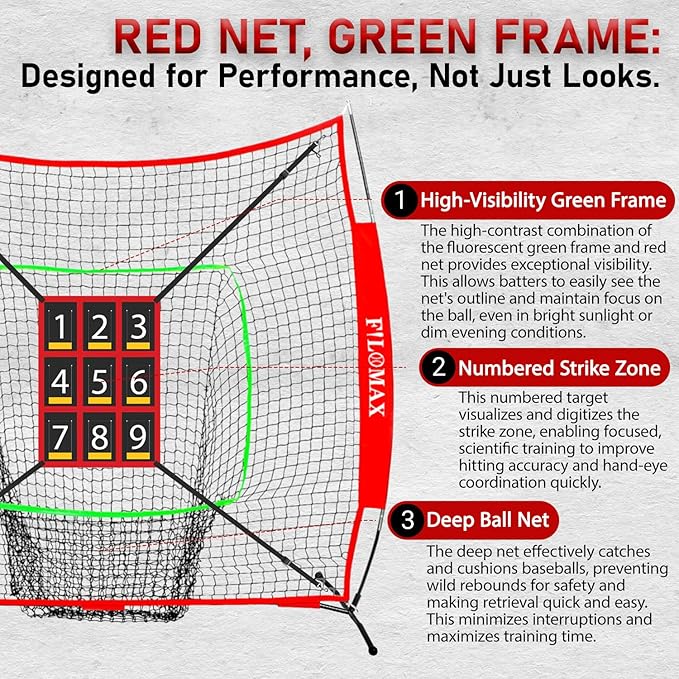 7x7ft Baseball & Softball Practice Net with Numbered Strike Zone & Batting Tee - Heavy Duty Portable Hitting Pitching Training Net for Accuracy and Swing Practice, Includes Carry Bag