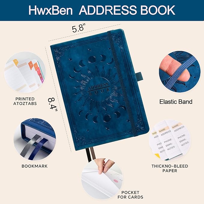Address Book with Colorful Alphabetical Tabs (8.4" x 5.7") – Hardcover Contact Organizer for Website Passwords, Telephone, Software Licenses, and Important Information – Blue