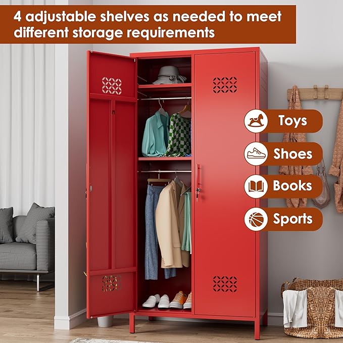 SUPEER 2 Doors Metal Storage Locker with Adjustable Shelves and 2 Hanging Rods, Metal Wardrobe Cabinet with Lock,Wardrobe Lockers for Home,Office,Assembly Required,Red