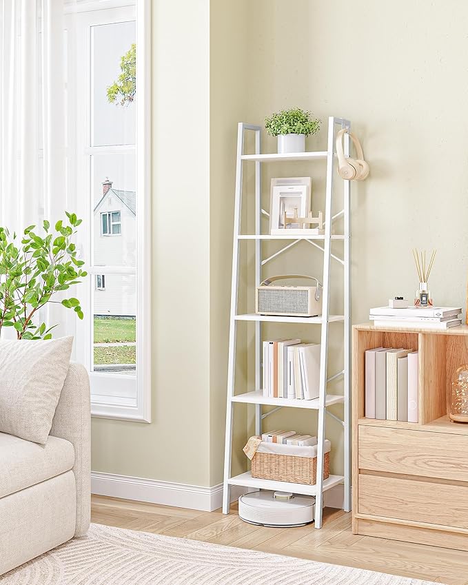 Hzuaneri Ladder Shelf, Bookshelf Bookcase, Freestanding Corner Storage Shelve with 2 Hooks for Home Office, Living Room, Kitchen, Bedroom, Industrial, 11.8" D x 17.3" W x 63" H, White BC19213W