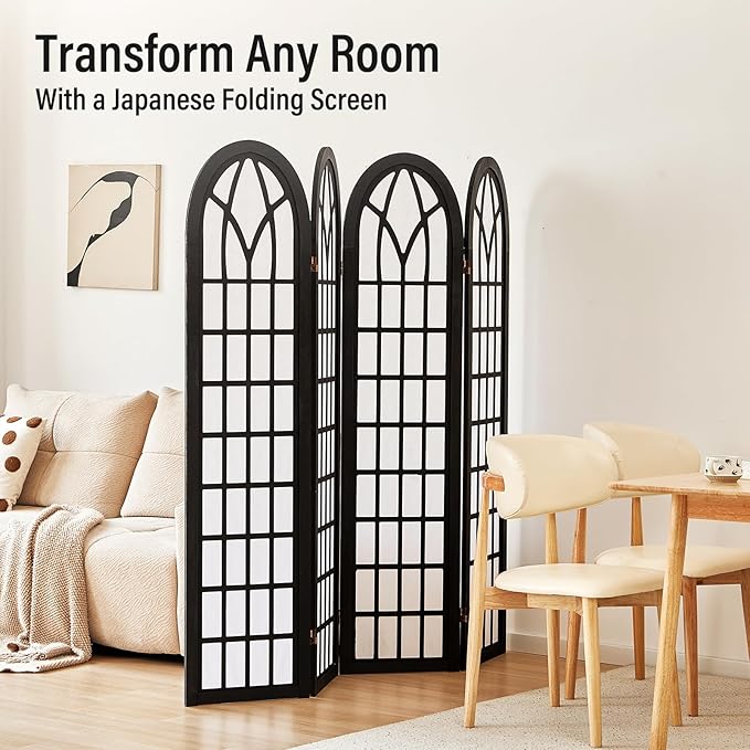 ALeesing Folding Room Divider Privacy Screen Freestanding 4-Panel Shoji Style Wooden Frame Decorative Partition Wall for Bedroom Office Apartment Black