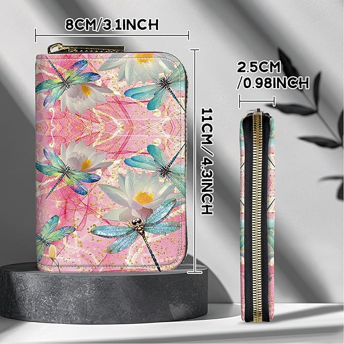 BWEGRHE Cute Credit Card Holder with Zipper, Pink Dragonfly RFID-Blocking Card Case Small Wallet for Women Men, Multi-slot Card Organizer Case Travel Accordion Wallet