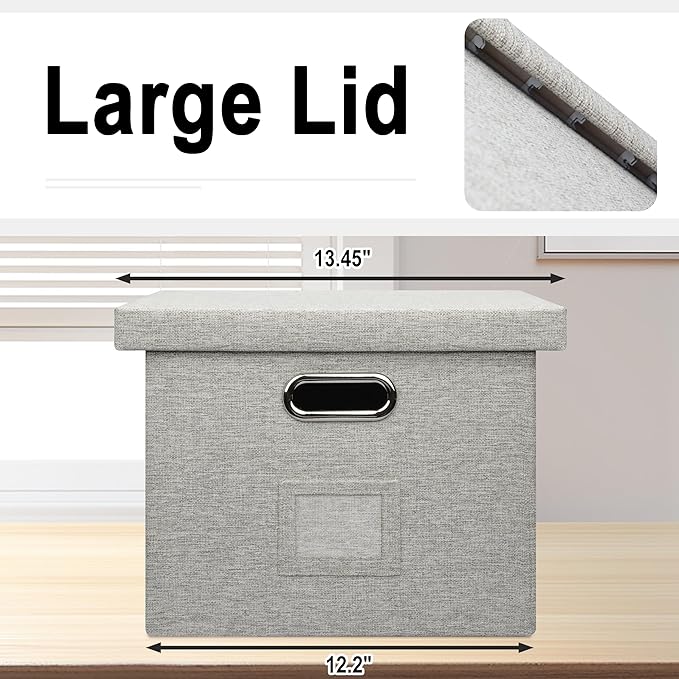 File Organizer Box, Collapsible Storage Filling Collectior with Lid for Letter Legal Size Hanging Folders Decorative Linen File Folder Box Document Storage Filing Bin, Beige 2 Pack