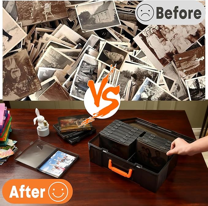 Photo Storage Box 5 x 7 Inches, 18 Inner Photo Cases with Dividers, Black Acid-Free Photo Storage Containers with Handle, Photo Organizer Craft Keeper for Stickers, Craft, Stamp