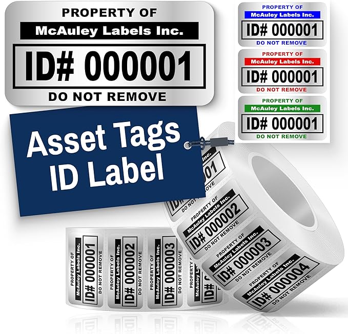 McAuley Labels Custom Asset Tags for Equipment – Numbered, Permanent, Adhesive, Metalized Silver Polyester - ID Label - 2x1 Inches