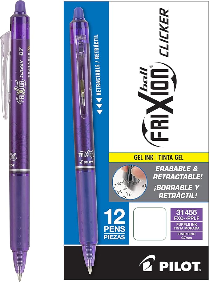 Pilot FriXion Clicker Erasable Gel Pens, Fine Point (0.7mm), Purple Ink, 12-Pack - Refillable, Smooth Writing Pens for School, Journaling, and Office Use
