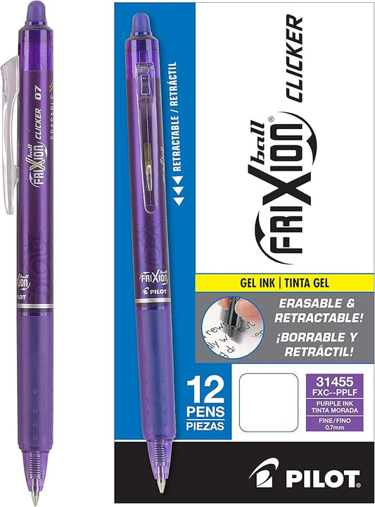 Pilot FriXion Clicker Erasable Gel Pens, Fine Point (0.7mm), Purple Ink, 12-Pack - Refillable, Smooth Writing Pens for School, Journaling, and Office Use