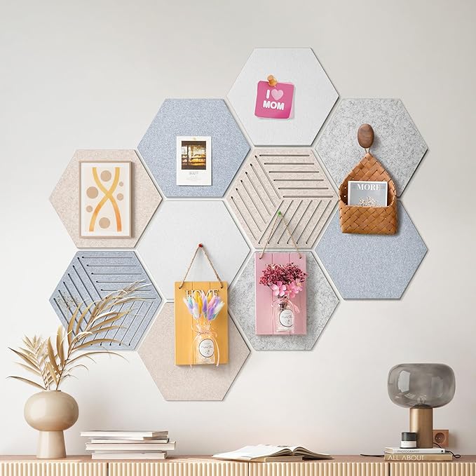 12'' Medium Hexagon Cork-Bulletin Board Tiles Adhesive 10PCS 12x10 inch Frameless Sticky Corkboard Hex Felt Pin Board for Office-Wall Decor, Removable Hexagonal Tack Pinboard with 30 Pushpins